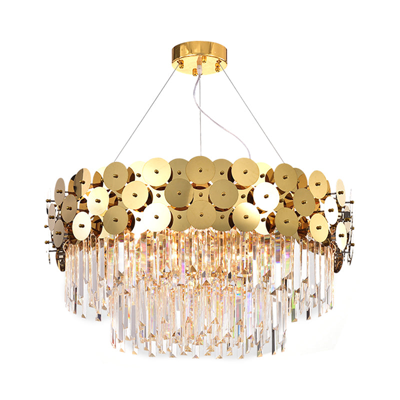 Tier Crystal Rods Chandelier Glam Gold Metal Drum Shade Ceiling Light Clearhalo 'Ceiling Lights' 'Chandeliers' 'Modern Chandeliers' 'Modern' Lighting' 1927156