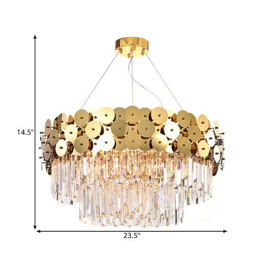 Tier Crystal Rods Chandelier Glam Gold Metal Drum Shade Ceiling Light Clearhalo 'Ceiling Lights' 'Chandeliers' 'Modern Chandeliers' 'Modern' Lighting' 1927157