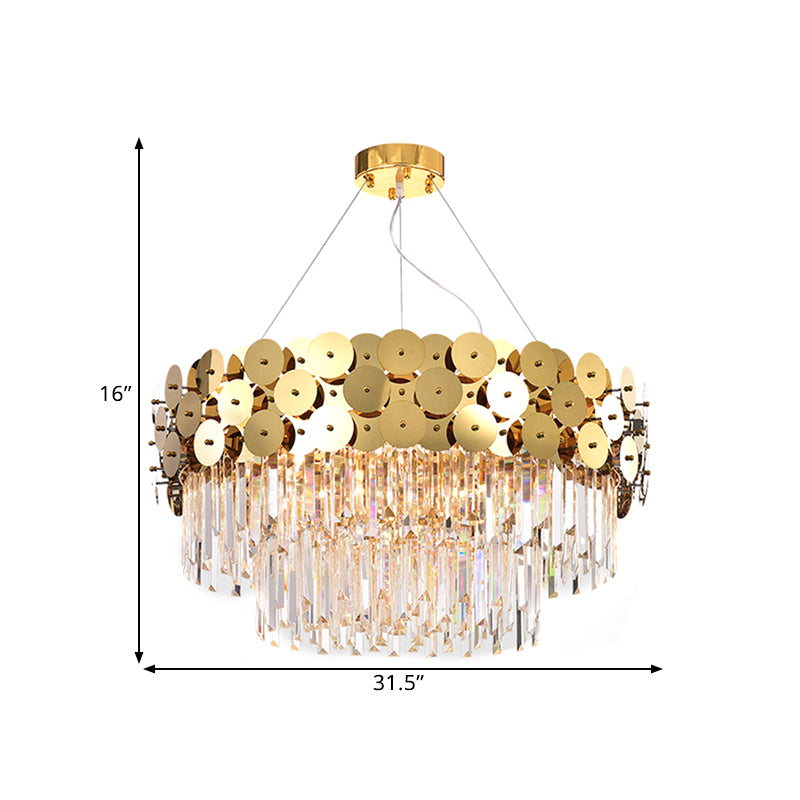 Tier Crystal Rods Chandelier Glam Gold Metal Drum Shade Ceiling Light Clearhalo 'Ceiling Lights' 'Chandeliers' 'Modern Chandeliers' 'Modern' Lighting' 1927158