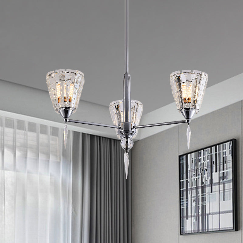 Cone Clear Crystal Shade Chandelier Metal Straight Arm Chandelier in Chrome Clearhalo 'Ceiling Lights' 'Chandeliers' 'Modern Chandeliers' 'Modern' Lighting' 1927182