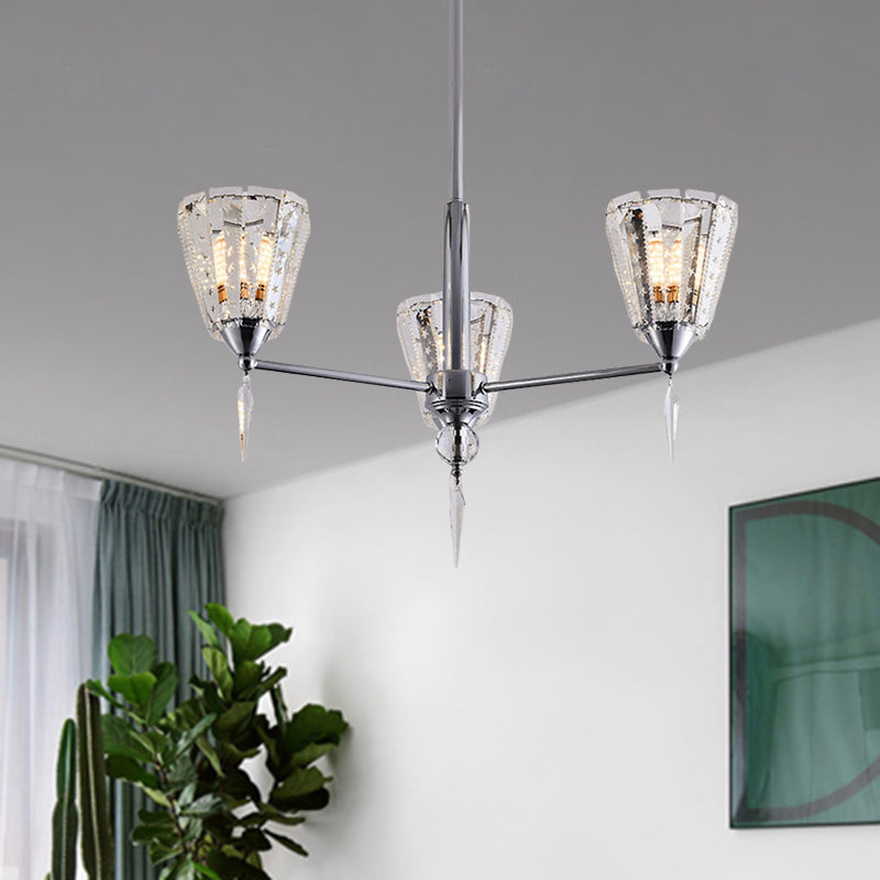 Cone Clear Crystal Shade Chandelier Metal Straight Arm Chandelier in Chrome Clearhalo 'Ceiling Lights' 'Chandeliers' 'Modern Chandeliers' 'Modern' Lighting' 1927183