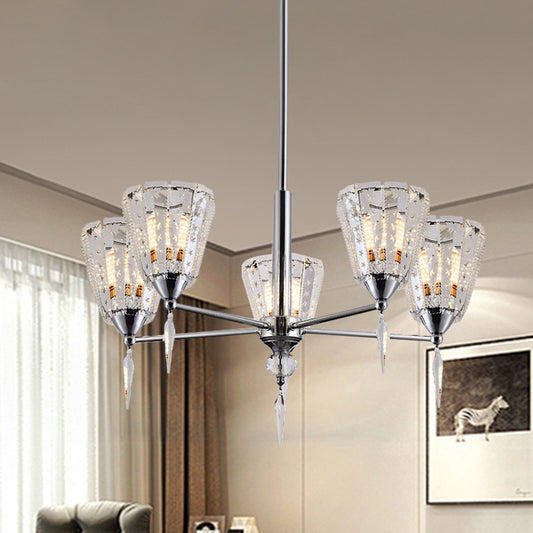 Cone Clear Crystal Shade Chandelier Metal Straight Arm Chandelier in Chrome Clearhalo 'Ceiling Lights' 'Chandeliers' 'Modern Chandeliers' 'Modern' Lighting' 1927186