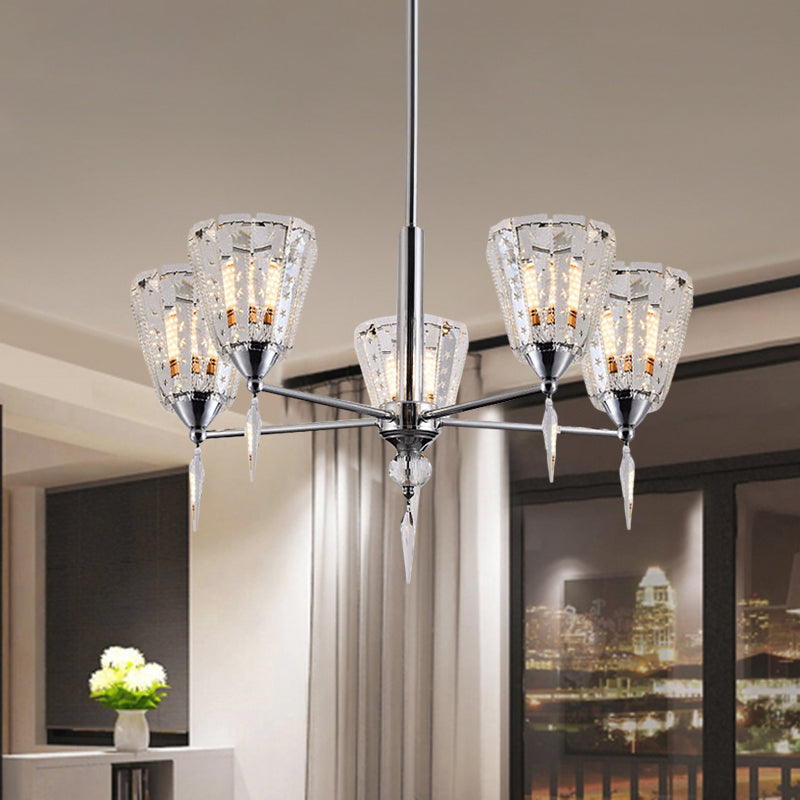 Cone Clear Crystal Shade Chandelier Metal Straight Arm Chandelier in Chrome Clearhalo 'Ceiling Lights' 'Chandeliers' 'Modern Chandeliers' 'Modern' Lighting' 1927187
