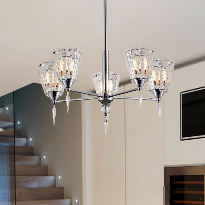 Cone Clear Crystal Shade Chandelier Metal Straight Arm Chandelier in Chrome Clearhalo 'Ceiling Lights' 'Chandeliers' 'Modern Chandeliers' 'Modern' Lighting' 1927188