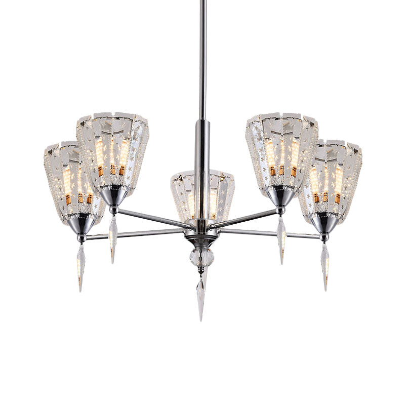 Cone Clear Crystal Shade Chandelier Metal Straight Arm Chandelier in Chrome 5 Chrome Clearhalo 'Ceiling Lights' 'Chandeliers' 'Modern Chandeliers' 'Modern' Lighting' 1927189