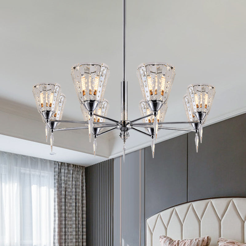 Cone Clear Crystal Shade Chandelier Metal Straight Arm Chandelier in Chrome Clearhalo 'Ceiling Lights' 'Chandeliers' 'Modern Chandeliers' 'Modern' Lighting' 1927192