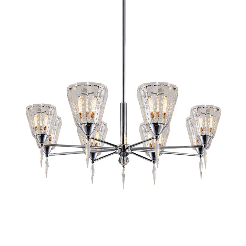 Cone Clear Crystal Shade Chandelier Metal Straight Arm Chandelier in Chrome 8 Chrome Clearhalo 'Ceiling Lights' 'Chandeliers' 'Modern Chandeliers' 'Modern' Lighting' 1927193