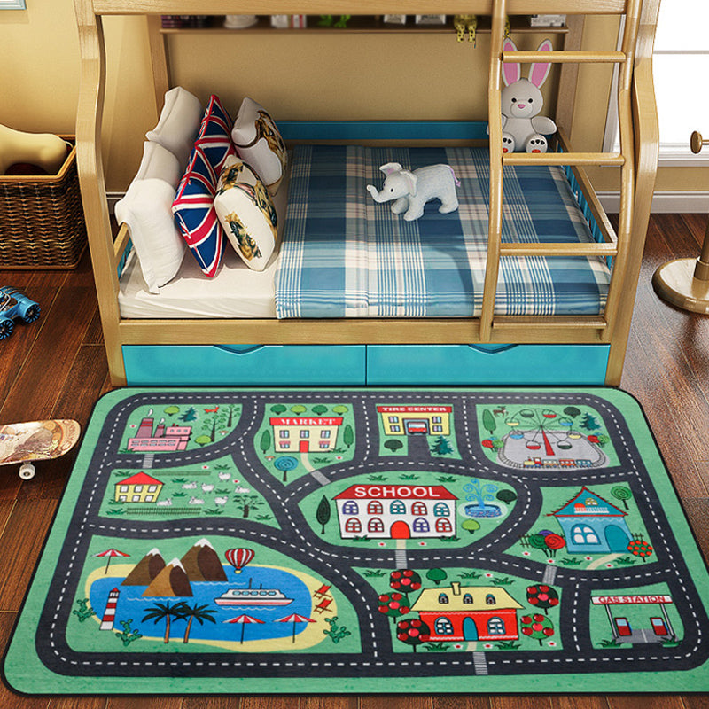 Cartoon Railway Area Rug Multi Color Polypropylene Carpet Pet Friendly Anti-Slip Rug for Kids Green Clearhalo 'Area Rug' 'Rug' 1927463