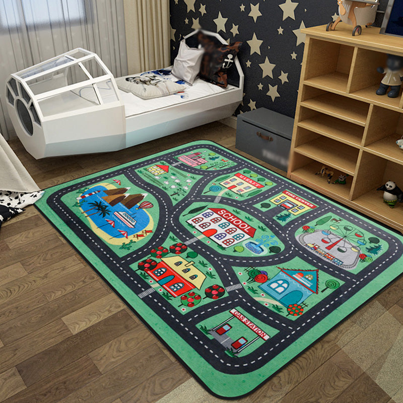 Cartoon Railway Area Rug Multi Color Polypropylene Carpet Pet Friendly Anti-Slip Rug for Kids Dark Green Clearhalo 'Area Rug' 'Rug' 1927464