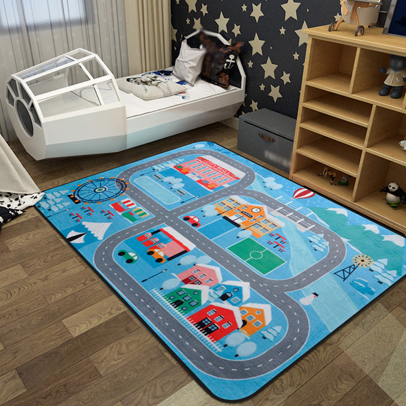 Cartoon Railway Area Rug Multi Color Polypropylene Carpet Pet Friendly Anti-Slip Rug for Kids Sky Blue Clearhalo 'Area Rug' 'Rug' 1927466