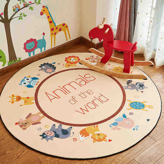 Cute Animal Patterned Rug Pastel Kids Style Carpet Polyester Non-Slip Rug for Childrens Room Light Orange