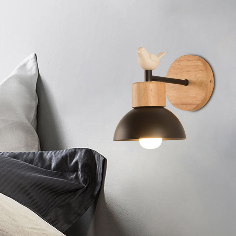 Nordic Style Sconce Light Dome 1 Bulb Metal & Wood Wall Light with Bird for Kid Bedroom Black Clearhalo 'Wall Lamps & Sconces' 'Wall Lights' Lighting' 192757