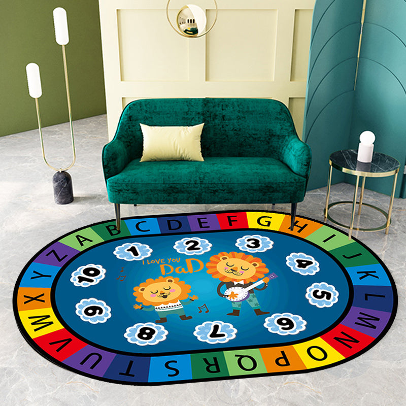 Stylish Letters and Animal Rug Multi Colored Cartoon Carpet Synthetics Anti-Slip Educational Rug Dark Blue Clearhalo 'Area Rug' 'Rug' 1927574