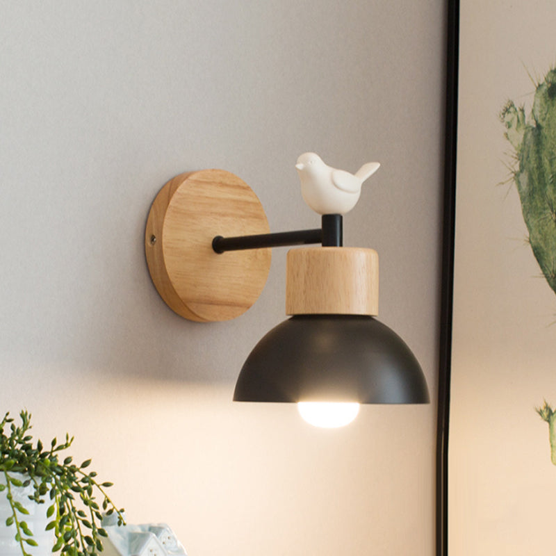 Nordic Style Sconce Light Dome 1 Bulb Metal & Wood Wall Light with Bird for Kid Bedroom Clearhalo 'Wall Lamps & Sconces' 'Wall Lights' Lighting' 192758