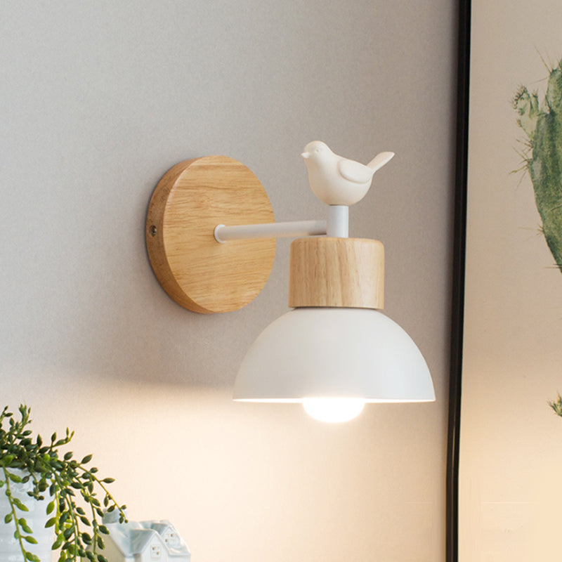 Nordic Style Sconce Light Dome 1 Bulb Metal & Wood Wall Light with Bird for Kid Bedroom White Clearhalo 'Wall Lamps & Sconces' 'Wall Lights' Lighting' 192761