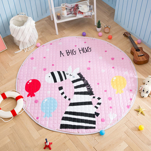 Kids Animal Area Rug Multicolor Cotton Carpet Stain-Proof Pet Friendly Rug for Child Bedroom Pink 4'11" x 4'11"
