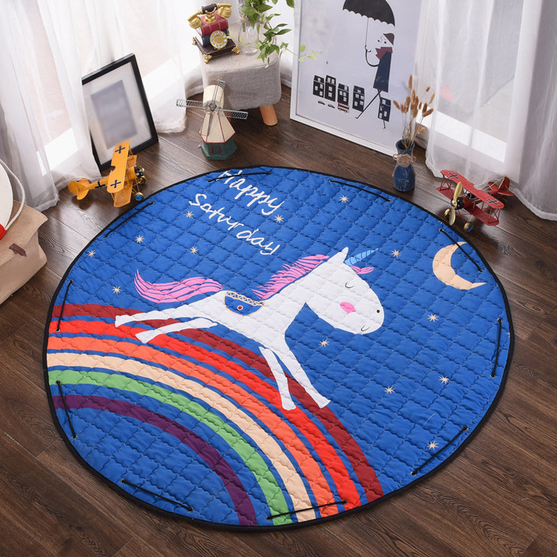Kids Animal Area Rug Multicolor Cotton Carpet Stain-Proof Pet Friendly Rug for Child Bedroom Dark Blue 4'11" x 4'11" Clearhalo 'Area Rug' 'Rug' 1927751