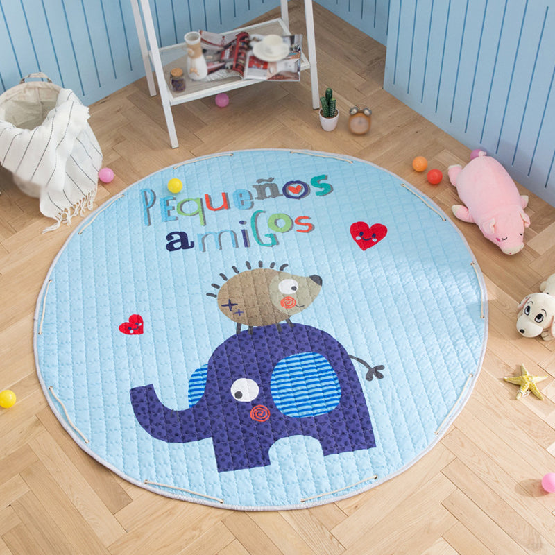 Kids Animal Area Rug Multicolor Cotton Carpet Stain-Proof Pet Friendly Rug for Child Bedroom Blue 4'11" x 4'11" Clearhalo 'Area Rug' 'Rug' 1927752