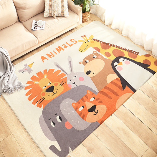 Cartoon Zoo Area Rug Multicolored Polyester Carpet Non-Slip Backing Stain Resistant Rug for Kids Bedroom Yellow-Red