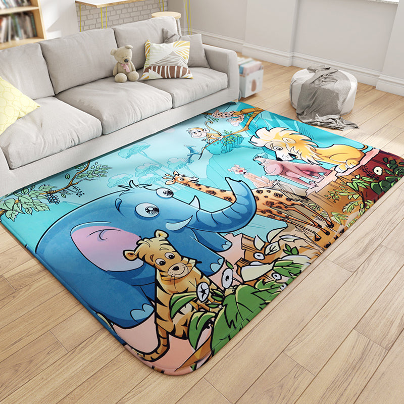 Multicolor Wild Animal Rug with Scripts Polyester Cartoon Carpet Pet Friendly Non-Slip Backing Rug for Child Room Sky Blue Clearhalo 'Area Rug' 'Rug' 1927916