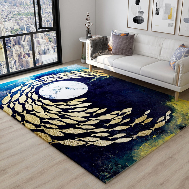 Novelty Dark Color Chinoiserie Rug Polypropylene Shoal of Fishes Pattern Carpet Anti-Slip Rug for Home Decoration Navy Clearhalo 'Area Rug' 'Rug' 1928020