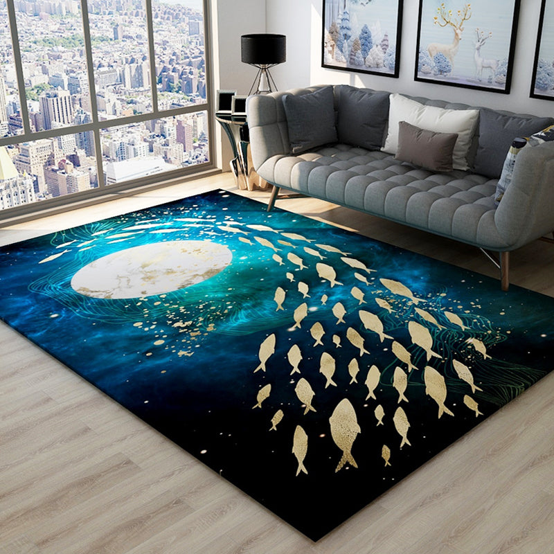 Novelty Dark Color Chinoiserie Rug Polypropylene Shoal of Fishes Pattern Carpet Anti-Slip Rug for Home Decoration Dark Blue Clearhalo 'Area Rug' 'Rug' 1928025