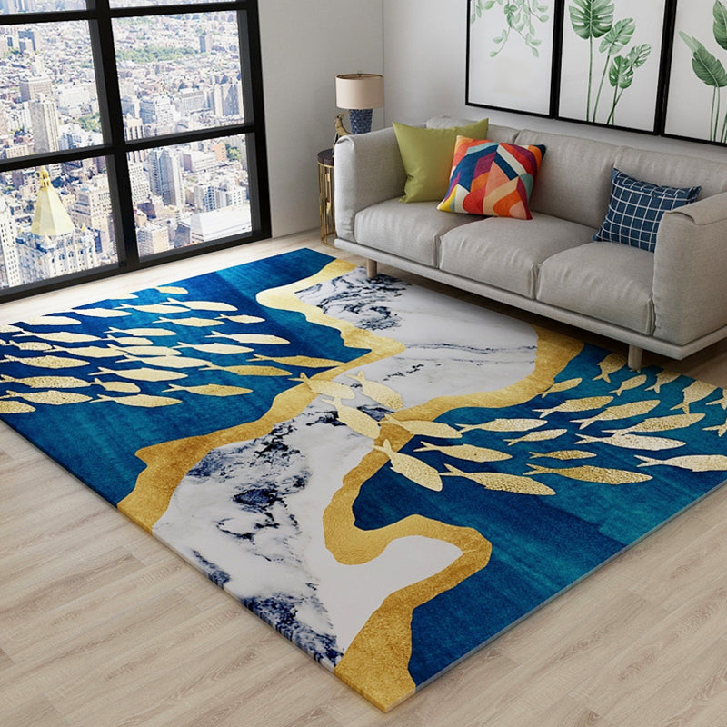 Novelty Dark Color Chinoiserie Rug Polypropylene Shoal of Fishes Pattern Carpet Anti-Slip Rug for Home Decoration Navy 4'7" x 6'7" Clearhalo 'Area Rug' 'Rug' 1928027