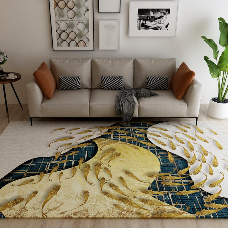 Novelty Dark Color Chinoiserie Rug Polypropylene Shoal of Fishes Pattern Carpet Anti-Slip Rug for Home Decoration Blue Clearhalo 'Area Rug' 'Rug' 1928029