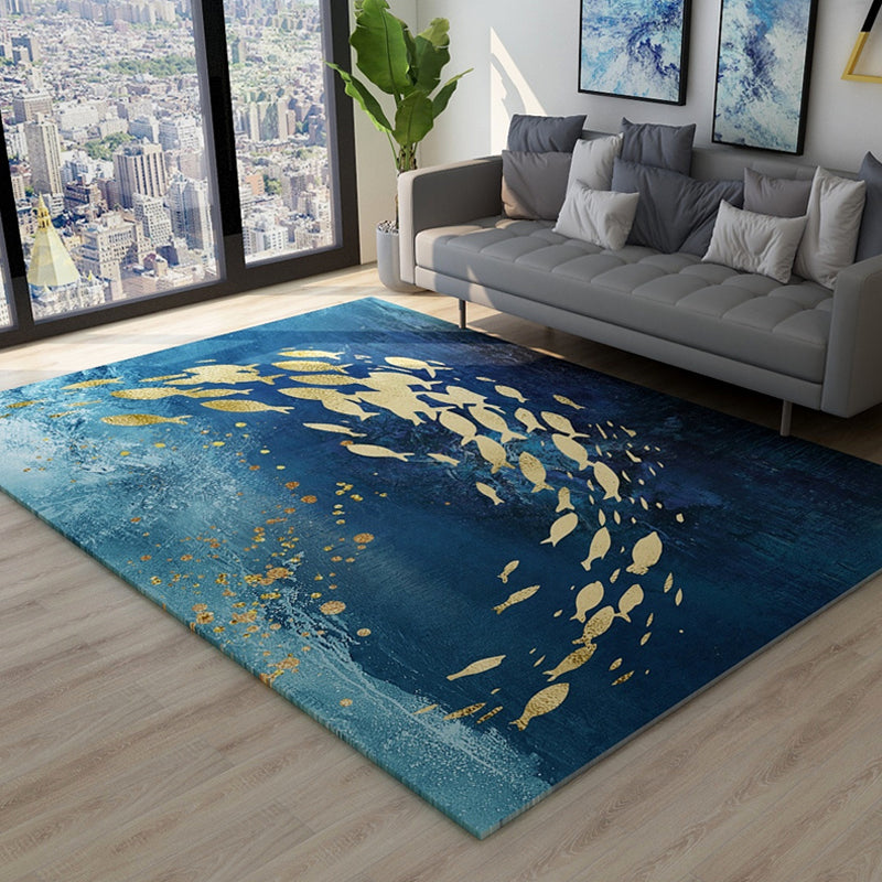 Novelty Dark Color Chinoiserie Rug Polypropylene Shoal of Fishes Pattern Carpet Anti-Slip Rug for Home Decoration Lake Green Clearhalo 'Area Rug' 'Rug' 1928031