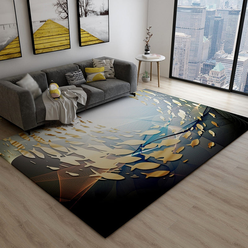 Novelty Dark Color Chinoiserie Rug Polypropylene Shoal of Fishes Pattern Carpet Anti-Slip Rug for Home Decoration Black Clearhalo 'Area Rug' 'Rug' 1928032