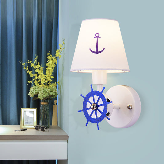 1 Bulb Tapered Shade Wall Light Nautical Fabric Sconce Light in White for Study Room Clearhalo 'Wall Lamps & Sconces' 'Wall Lights' Lighting' 192836