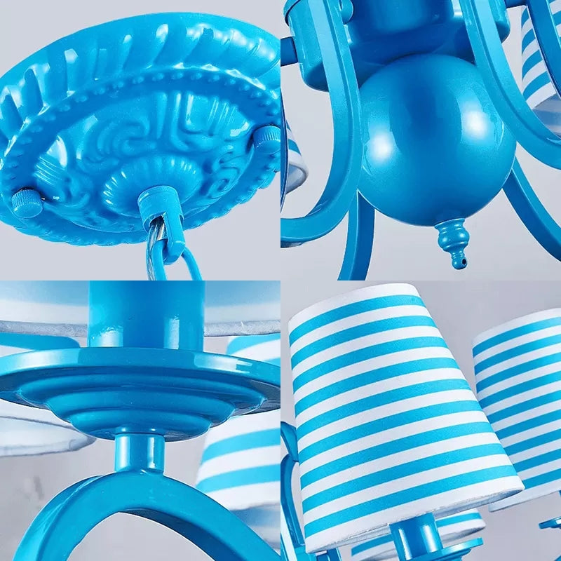 Six Lights Bucket Shade Chandelier Nautical Fabric Pendant Lamp in Blue for Living Room Clearhalo 'Ceiling Lights' 'Chandeliers' Lighting' options 192886