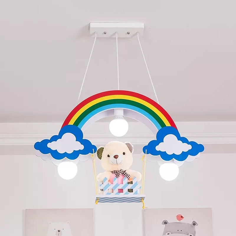 Wood Rainbow Chandelier 3 Lights Kids Multi-Color Pendant Light with Toy Bear for Child Bedroom Red-Yellow-Blue-Green Clearhalo 'Ceiling Lights' 'Pendant Lights' 'Pendants' Lighting' 192923_9cd1e3e1-864b-4f55-a9f2-148ce52598f9