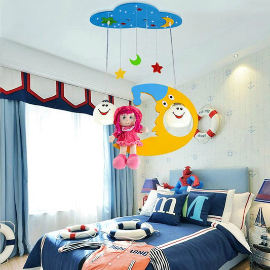 Metal Moon Pendant Light with Little Girl Nursing Room Lovely Hanging Light in Blue Clearhalo 'Ceiling Lights' 'Close To Ceiling Lights' 'Glass shade' 'Glass' 'Pendant Lights' 'Pendants' Lighting' 193160