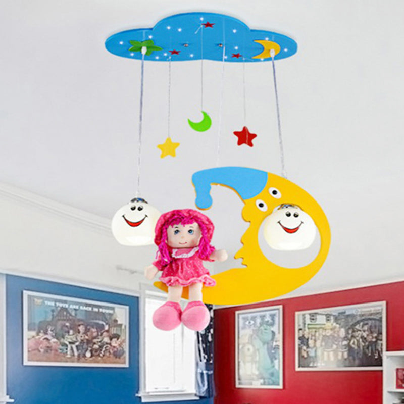 Metal Moon Pendant Light with Little Girl Nursing Room Lovely Hanging Light in Blue Clearhalo 'Ceiling Lights' 'Close To Ceiling Lights' 'Glass shade' 'Glass' 'Pendant Lights' 'Pendants' Lighting' 193161