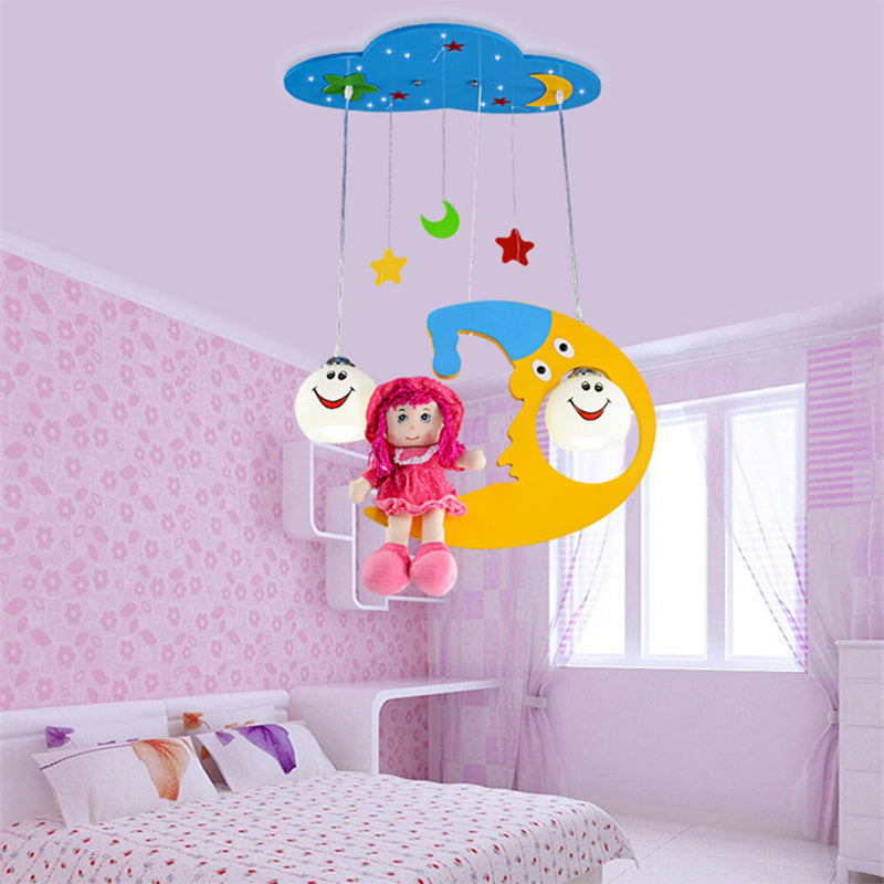 Metal Moon Pendant Light with Little Girl Nursing Room Lovely Hanging Light in Blue Clearhalo 'Ceiling Lights' 'Close To Ceiling Lights' 'Glass shade' 'Glass' 'Pendant Lights' 'Pendants' Lighting' 193162