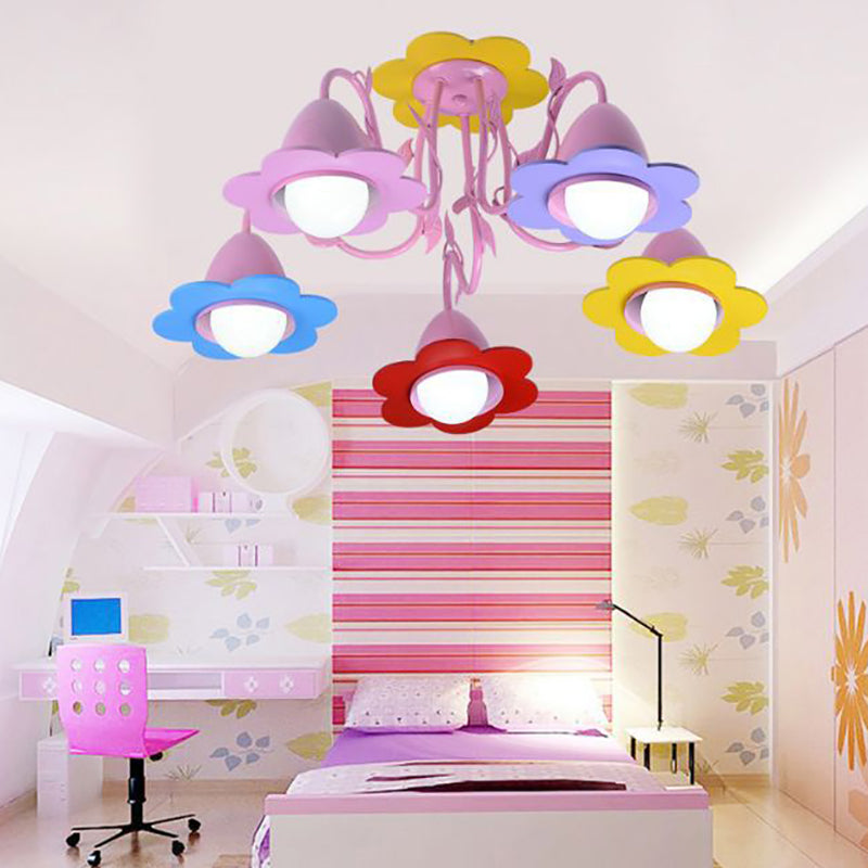 Five Lights Flower Chandelier Lovely Metal Multi-Colored Pendant Light for Kindergarten Pink Clearhalo 'Ceiling Lights' 'Close To Ceiling Lights' 'Close to ceiling' 'Semi-flushmount' Lighting' 193166