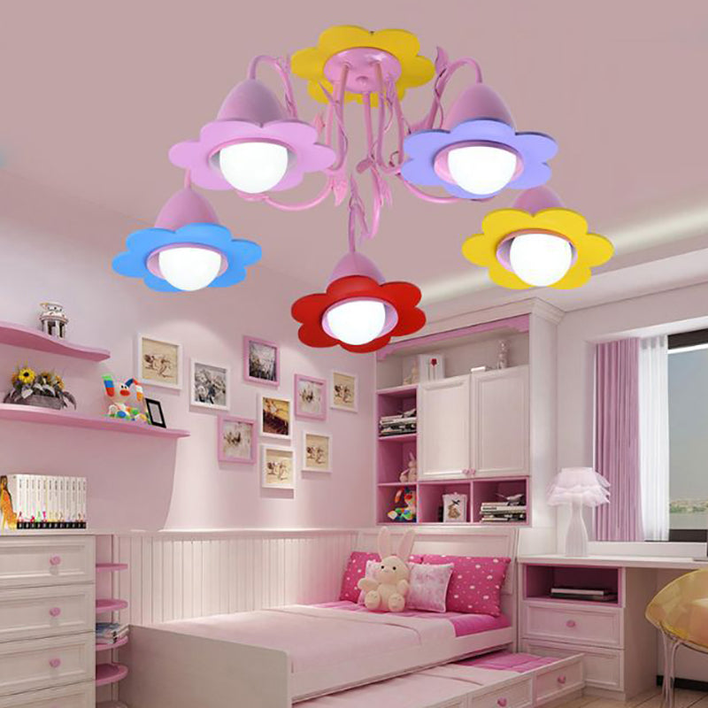 Five Lights Flower Chandelier Lovely Metal Multi-Colored Pendant Light for Kindergarten Clearhalo 'Ceiling Lights' 'Close To Ceiling Lights' 'Close to ceiling' 'Semi-flushmount' Lighting' 193167