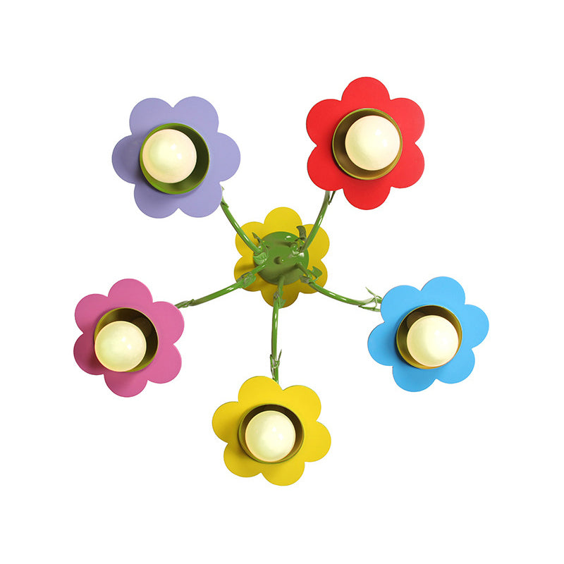 Five Lights Flower Chandelier Lovely Metal Multi-Colored Pendant Light for Kindergarten Clearhalo 'Ceiling Lights' 'Close To Ceiling Lights' 'Close to ceiling' 'Semi-flushmount' Lighting' 193173