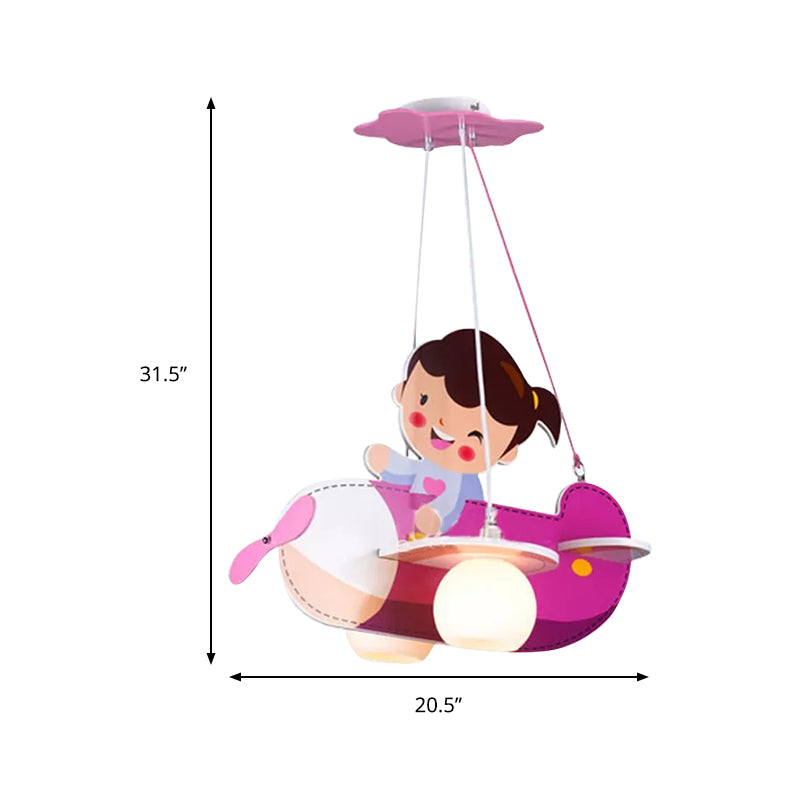 Pink Airplane Hanging Light with Little Girl 2 Lights Cartoon Wood Chandelier for Kids Bedroom Clearhalo 'Ceiling Lights' 'Chandeliers' Lighting' options 193200