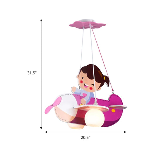 Pink Airplane Hanging Light with Little Girl 2 Lights Cartoon Wood Chandelier for Kids Bedroom Clearhalo 'Ceiling Lights' 'Chandeliers' Lighting' options 193200