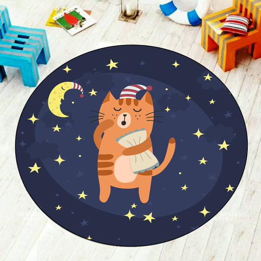 Multi-Colored Kids Room Rug Cartoon Starry Night Sky Animal Carpet Polypropylene Non-Slip Indoor Rug Blue