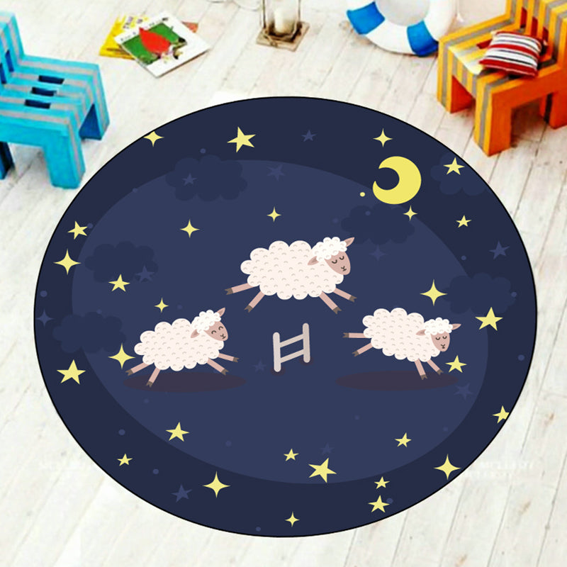 Multi-Colored Kids Room Rug Cartoon Starry Night Sky Animal Carpet Polypropylene Non-Slip Indoor Rug Dark Blue Clearhalo 'Area Rug' 'Rug' 1932022