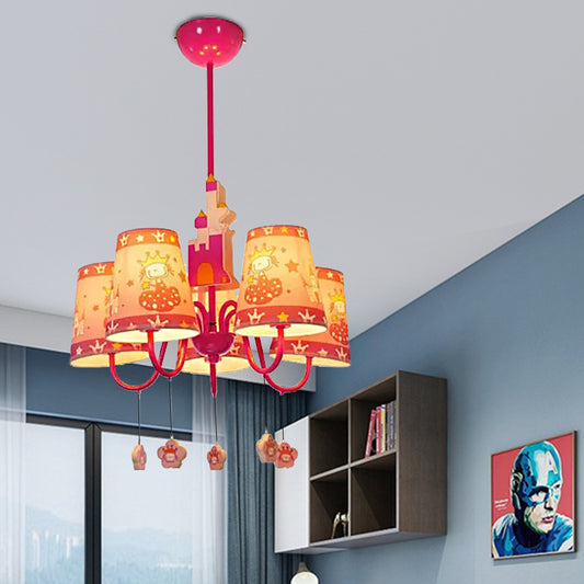 5 Lights Castle Chandelier with Princess Kids Metal Hanging Light in Pink for Girls Bedroom Clearhalo 'Ceiling Lights' 'Chandeliers' Lighting' options 193207