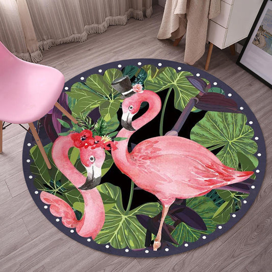 Multicolor Flamingo Pattern Rug Polyester Tropical Rug Anti-Slip Backing Machine Washable Area Rug for Bedroom Black