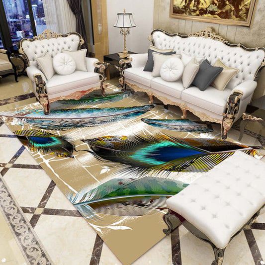Multi-Color Living Room Rug Tropical Leaf and Feather Pattern Carpet Polyester Pet Friendly Washable Non-Slip Carpet Peacock Green