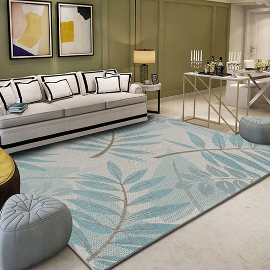 Tropical Leaf Pattern Rug Green Polyester Area Rug Machine Washable Non-Slip Backing Indoor Rug for Sitting Room Light Blue