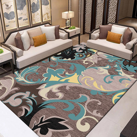 Tropical Drawing Room Rug Multi Colored Leaf Pattern Carpet Polyester Anti-Slip Backing Machine Washable Area Rug Brown
