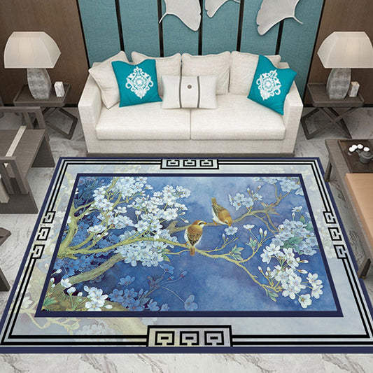 Classic Multi-Color Oriental Rug Polyester Branch and Bird Pattern Carpet Washable Pet Friendly Anti-Slip Carpet for Parlor Blue Clearhalo 'Area Rug' 'Rugs' 'Vintage' Rug' 1932129