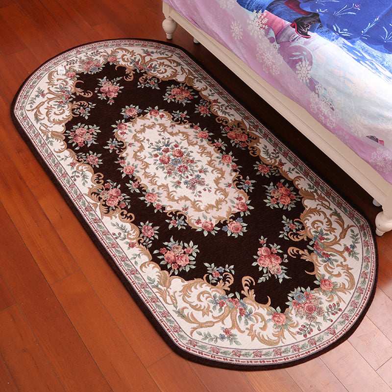 Retro Flower Pattern Rug Red and Black Polyester Indoor Rug Washable Non-Slip Backing Indoor Rug for Bedroom Black Clearhalo 'Area Rug' 'Rugs' 'Vintage' Rug' 1932171